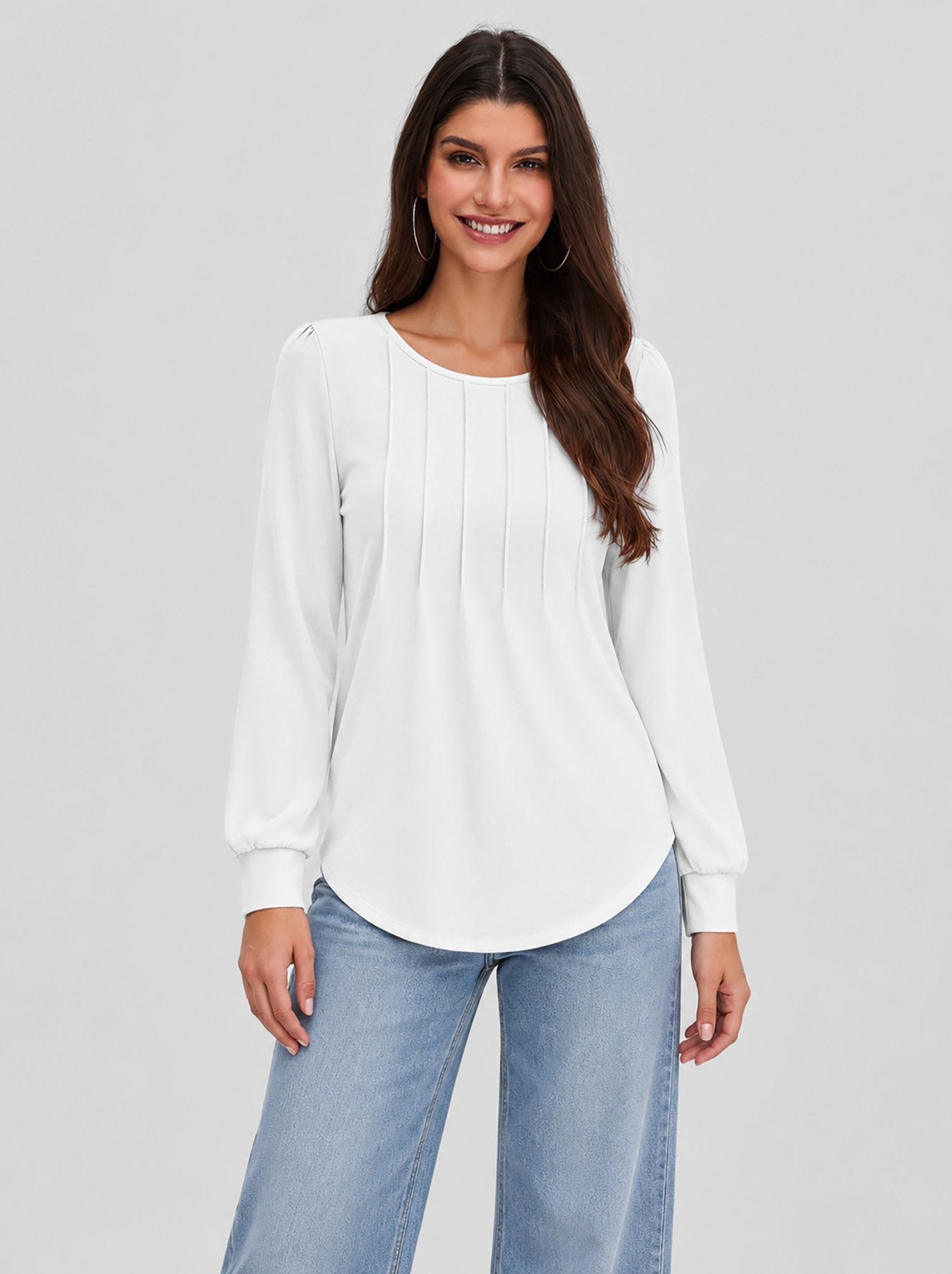 YUCOLEN Womens Pleated Puff Sleeve Crew Neck Long Sleeve Tunic Top in White