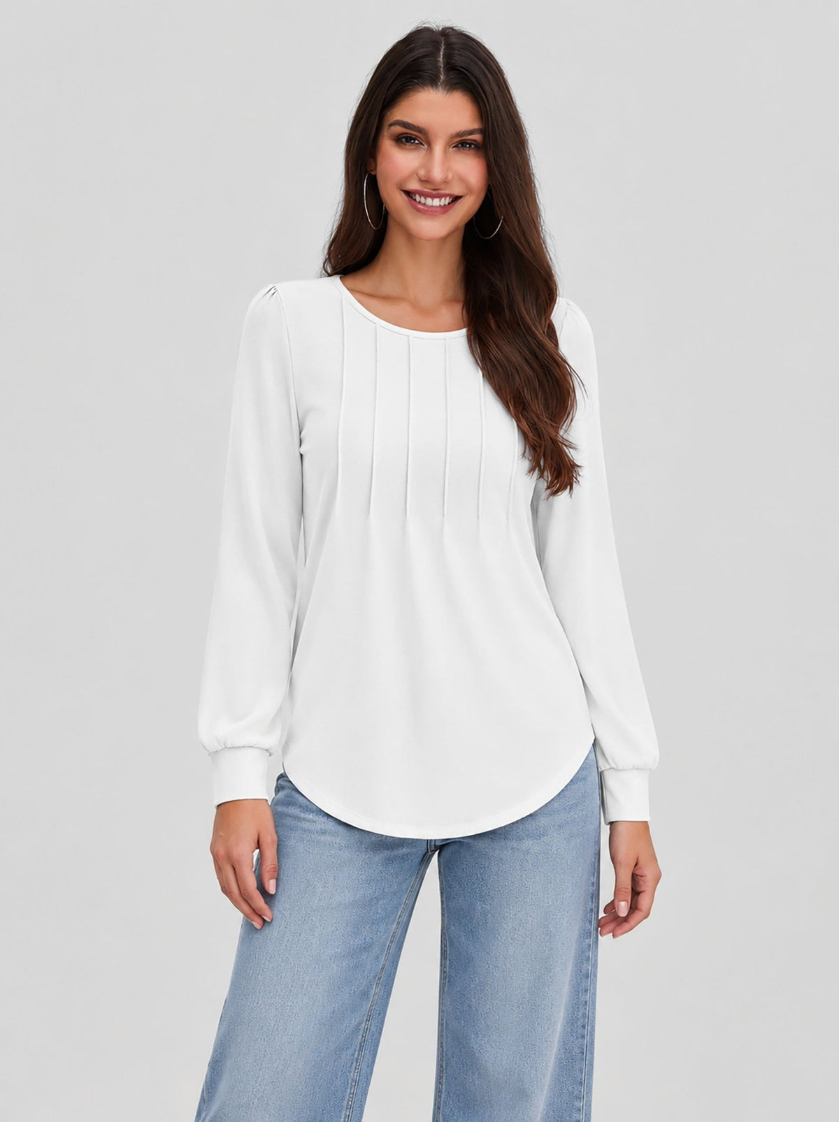 YUCOLEN Womens Pleated Puff Sleeve Crew Neck Long Sleeve Tunic Top in White