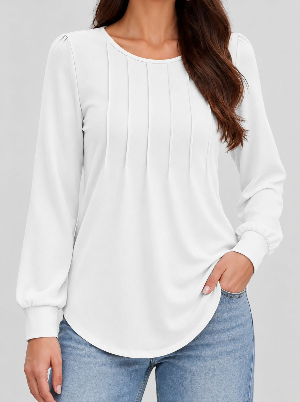 YUCOLEN Womens Pleated Puff Sleeve Crew Neck Long Sleeve Tunic Top in White