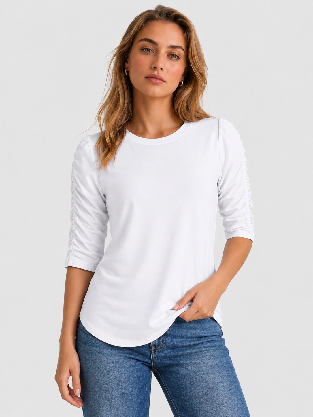 YUCOLEN Women's Puff Half Sleeve Tri-blend Top Casual Blouse in White