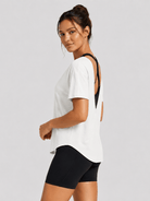 YUCOLEN Women's Reversible Workout Tee Open Back Loose Fit Athletic Shirt in White