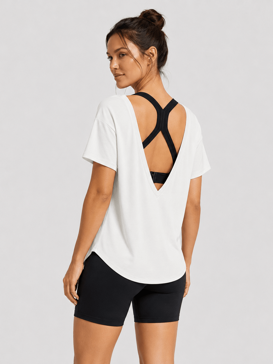 YUCOLEN Women's Reversible Workout Tee Open Back Loose Fit Athletic Shirt in White