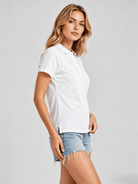YUCOLEN Women's Short Sleeve Cotton Polo Shirt Breathable 3-Button Collared Top in White