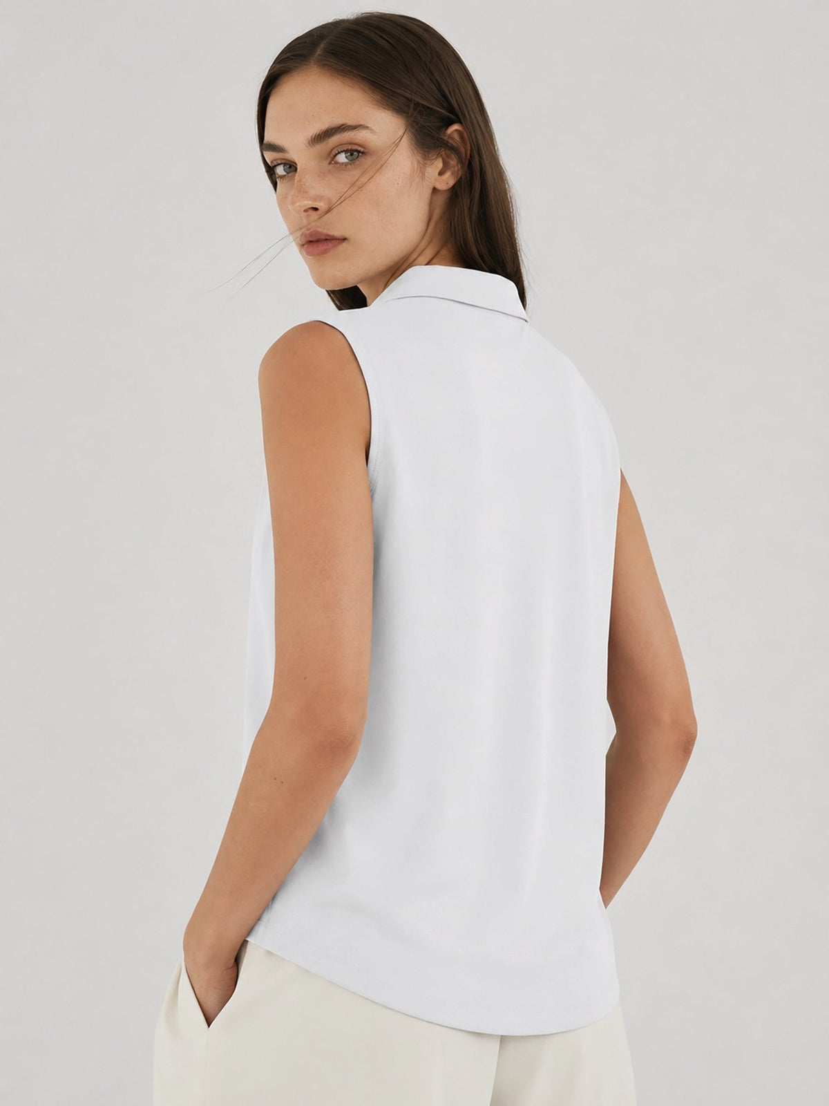 YUCOLEN Women's Sleeveless Golf Polo Shirt UPF 50+ V Neck Side Slit Sun Protection Top in White