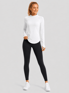 YUCOLEN Women's Thermal Fleece Lined Mock Neck Shirt with Thumb Holes in White