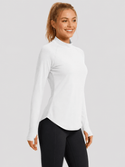 YUCOLEN Women's Thermal Fleece Lined Mock Neck Shirt with Thumb Holes in White