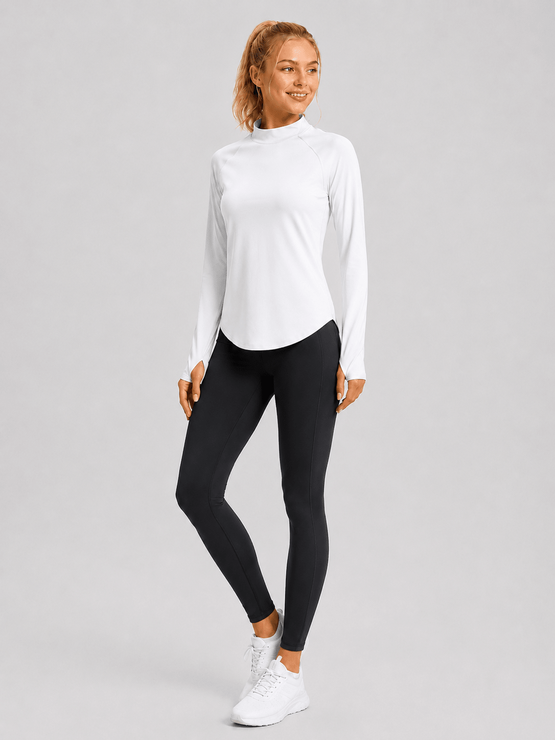 YUCOLEN Women's Thermal Fleece Lined Mock Neck Shirt with Thumb Holes in White