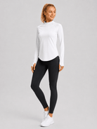 YUCOLEN Women's Thermal Fleece Lined Mock Neck Shirt with Thumb Holes in White