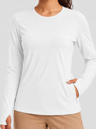 YUCOLEN Womens Thermal Running Top with Thumb Holes and Zip Pocket in White