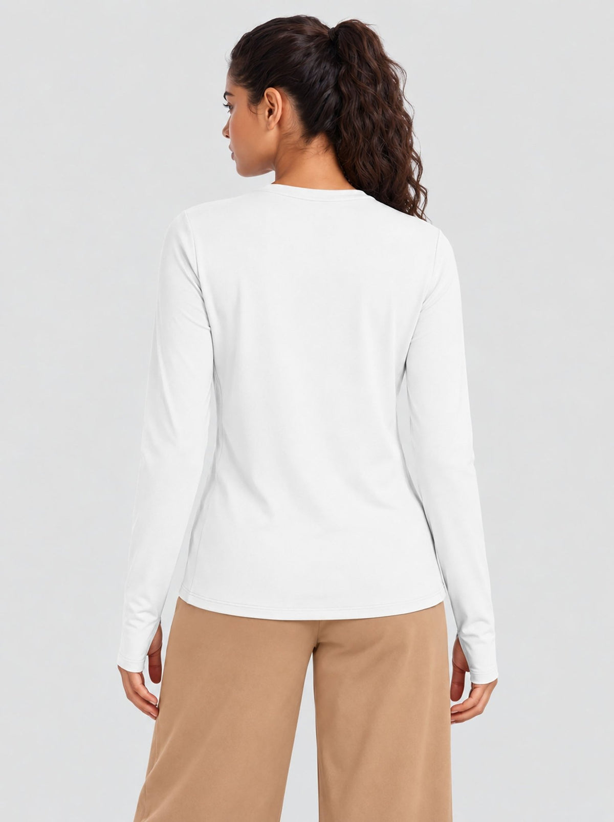 YUCOLEN Womens Thermal Running Top with Thumb Holes and Zip Pocket in White