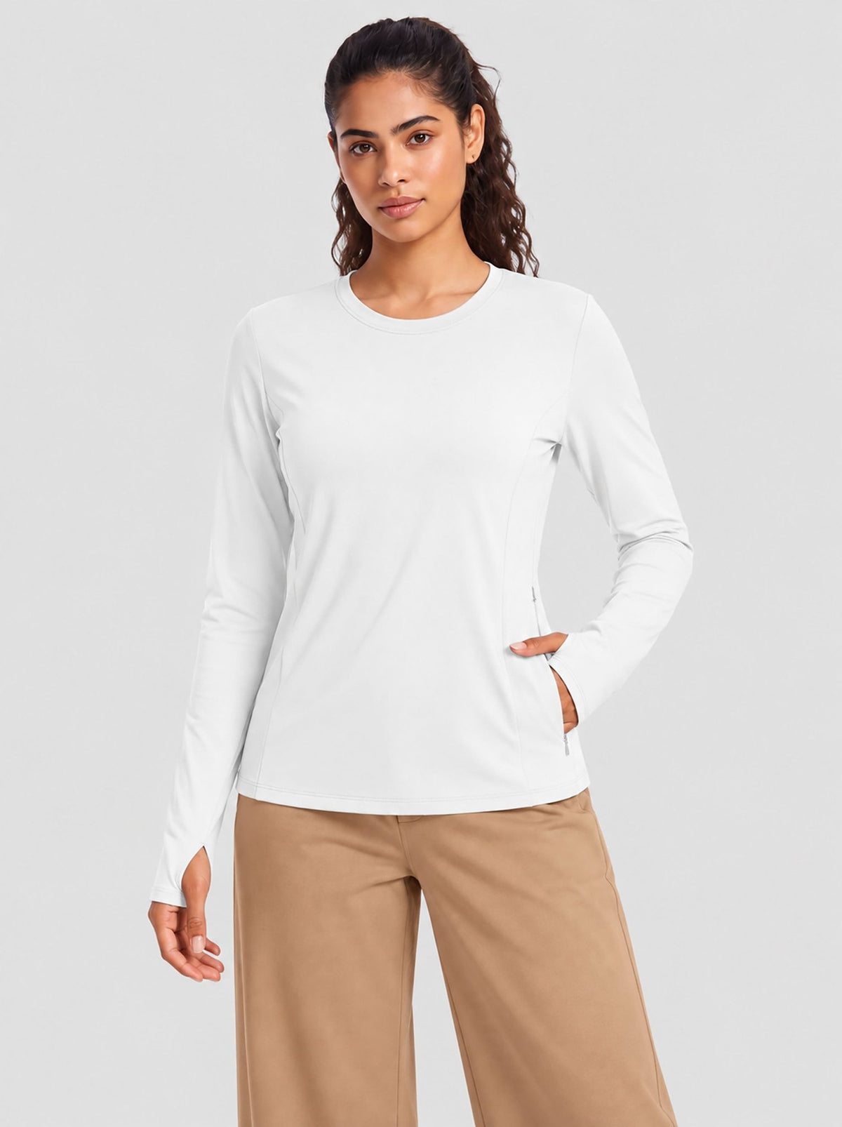 YUCOLEN Womens Thermal Running Top with Thumb Holes and Zip Pocket in White