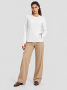 YUCOLEN Womens Thermal Running Top with Thumb Holes and Zip Pocket in White
