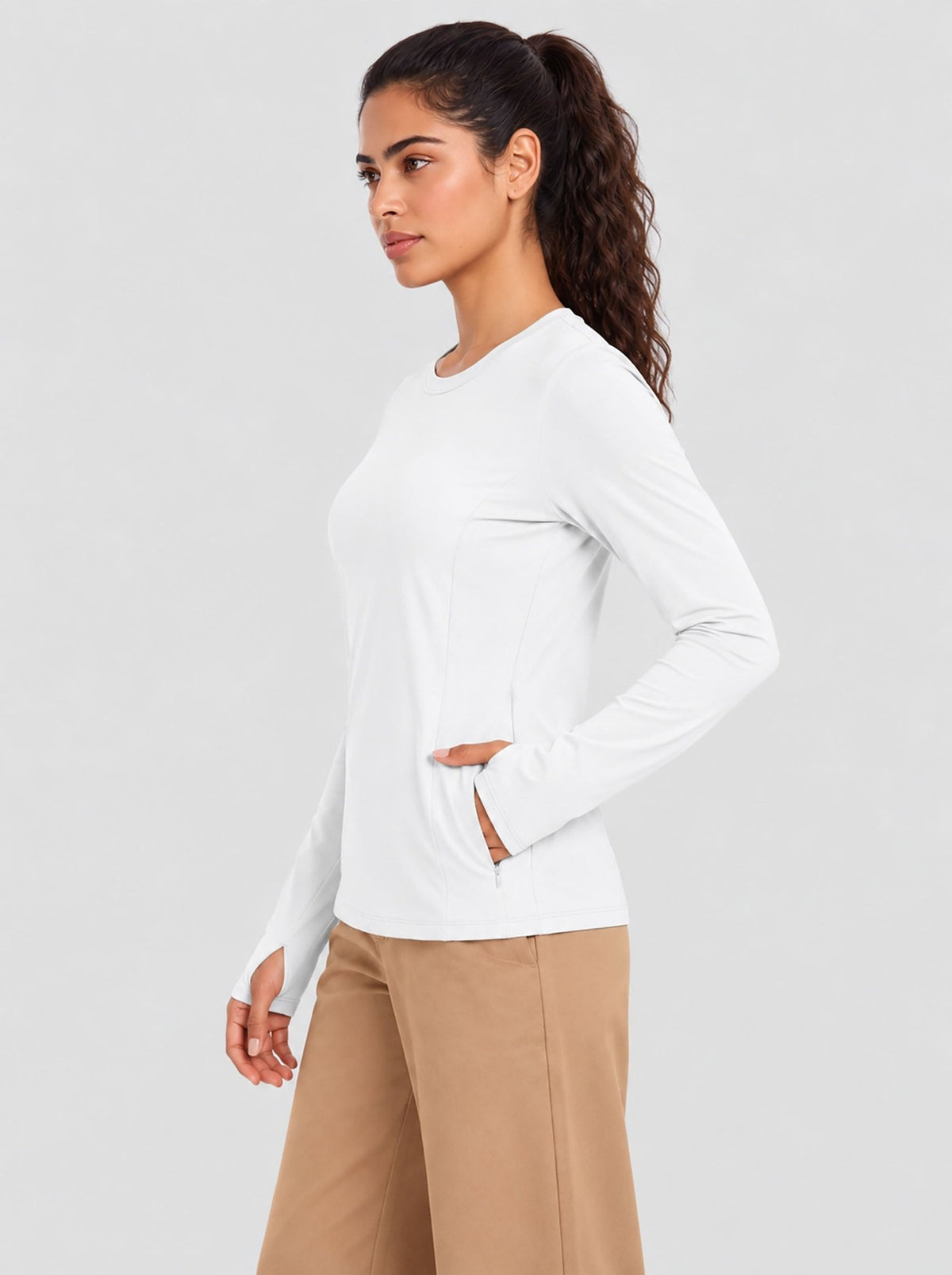 YUCOLEN Womens Thermal Running Top with Thumb Holes and Zip Pocket in White