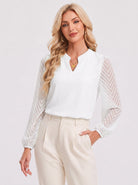 YUCOLEN Women's V Neck Chiffon Blouse with Lace Puff Sleeves Dressy Casual Work Tops in White