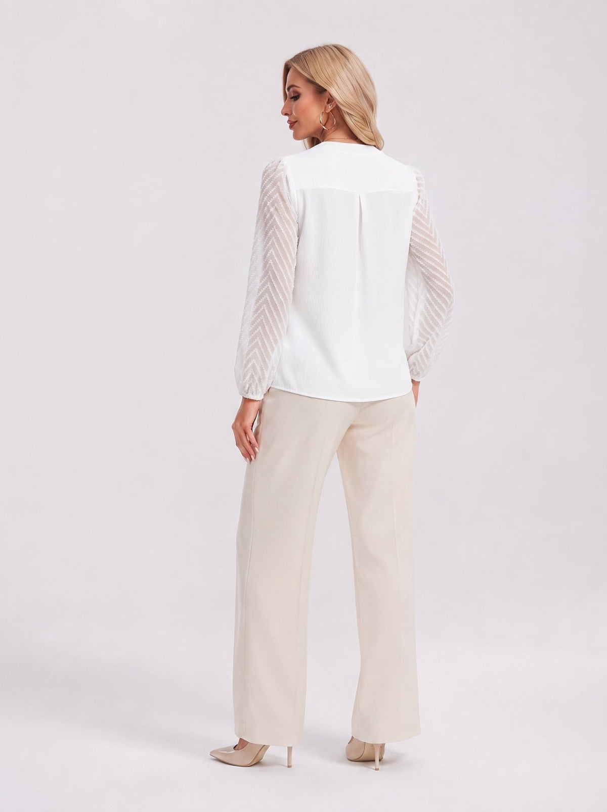 YUCOLEN Women's V Neck Chiffon Blouse with Lace Puff Sleeves Dressy Casual Work Tops in White