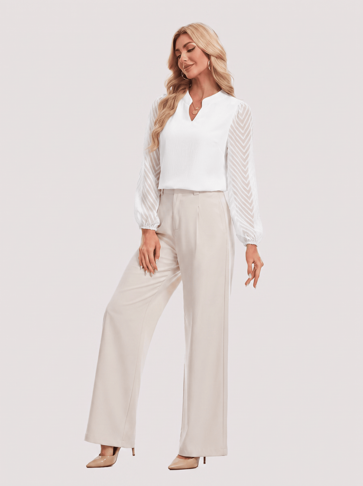 YUCOLEN Women's V Neck Chiffon Blouse with Lace Puff Sleeves Dressy Casual Work Tops in White