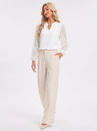 YUCOLEN Women's V Neck Chiffon Blouse with Lace Puff Sleeves Dressy Casual Work Tops in White