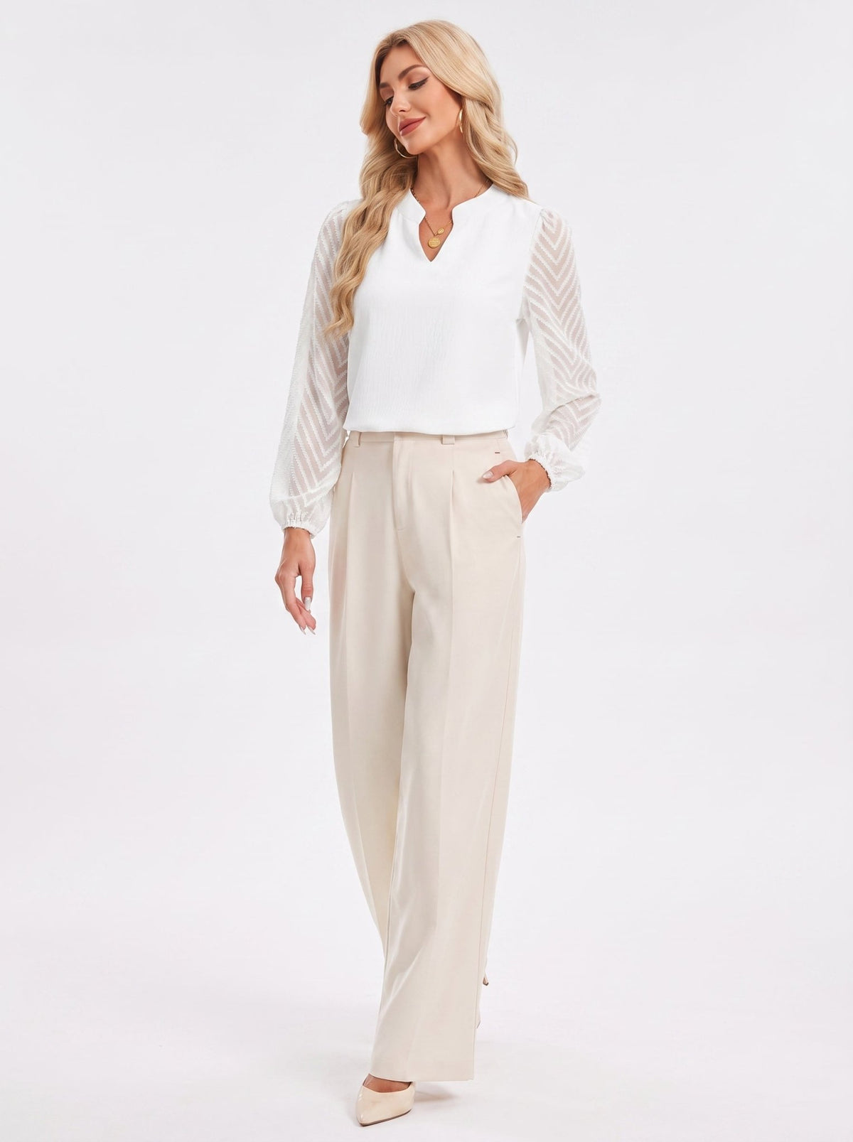 YUCOLEN Women's V Neck Chiffon Blouse with Lace Puff Sleeves Dressy Casual Work Tops in White