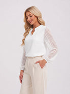 YUCOLEN Women's V Neck Chiffon Blouse with Lace Puff Sleeves Dressy Casual Work Tops in White
