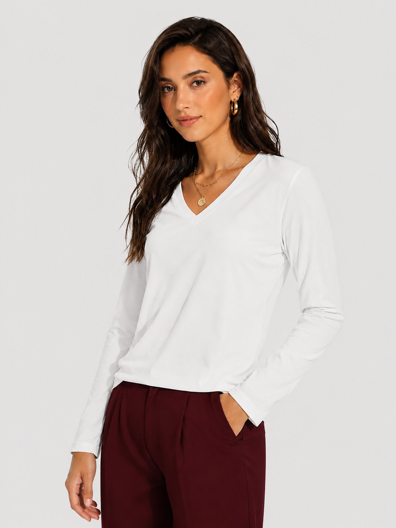 YUCOLEN Women's V Neck Long Sleeve Shirt Cotton Blend Soft Performance Tee in White