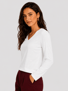 YUCOLEN Women's V Neck Long Sleeve Shirt Cotton Blend Soft Performance Tee in White