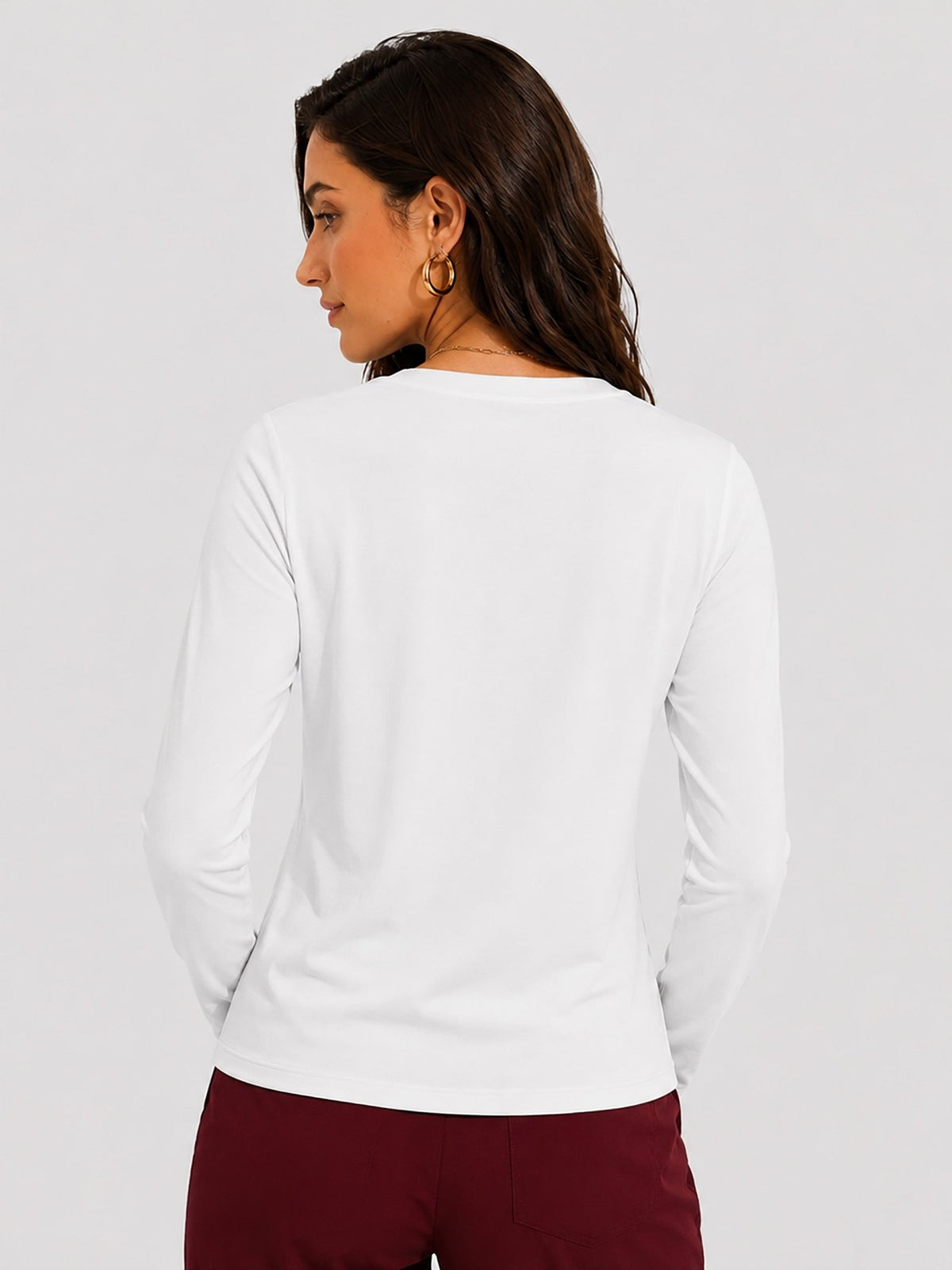 YUCOLEN Women's V Neck Long Sleeve Shirt Cotton Blend Soft Performance Tee in White