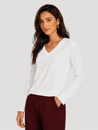 YUCOLEN Women's V Neck Long Sleeve Shirt Cotton Blend Soft Performance Tee in White