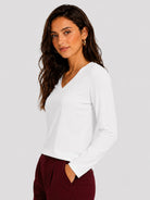 YUCOLEN Women's V Neck Long Sleeve Shirt Cotton Blend Soft Performance Tee in White