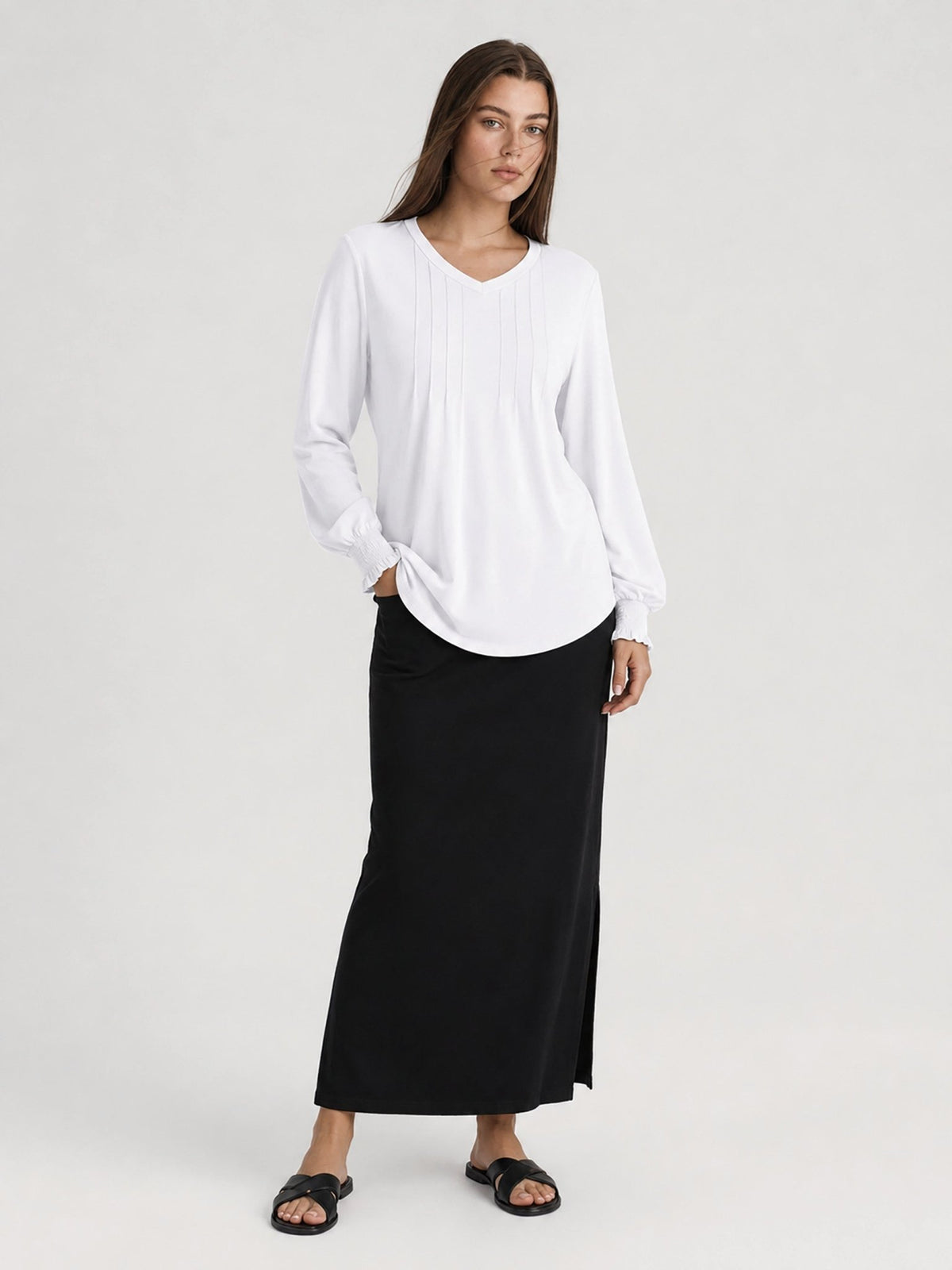 YUCOLEN Women's V Neck Pleated Tunic Blouse Ruffle Cuff Long Sleeve Shirt in White