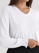 YUCOLEN Women's V Neck Pleated Tunic Blouse Ruffle Cuff Long Sleeve Shirt in White