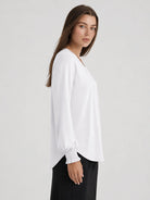 YUCOLEN Women's V Neck Pleated Tunic Blouse Ruffle Cuff Long Sleeve Shirt in White
