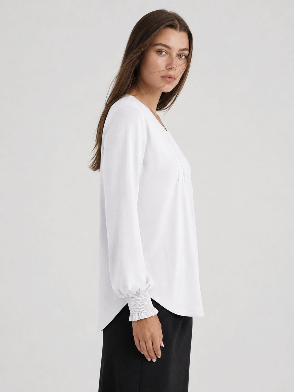 YUCOLEN Women's V Neck Pleated Tunic Blouse Ruffle Cuff Long Sleeve Shirt in White