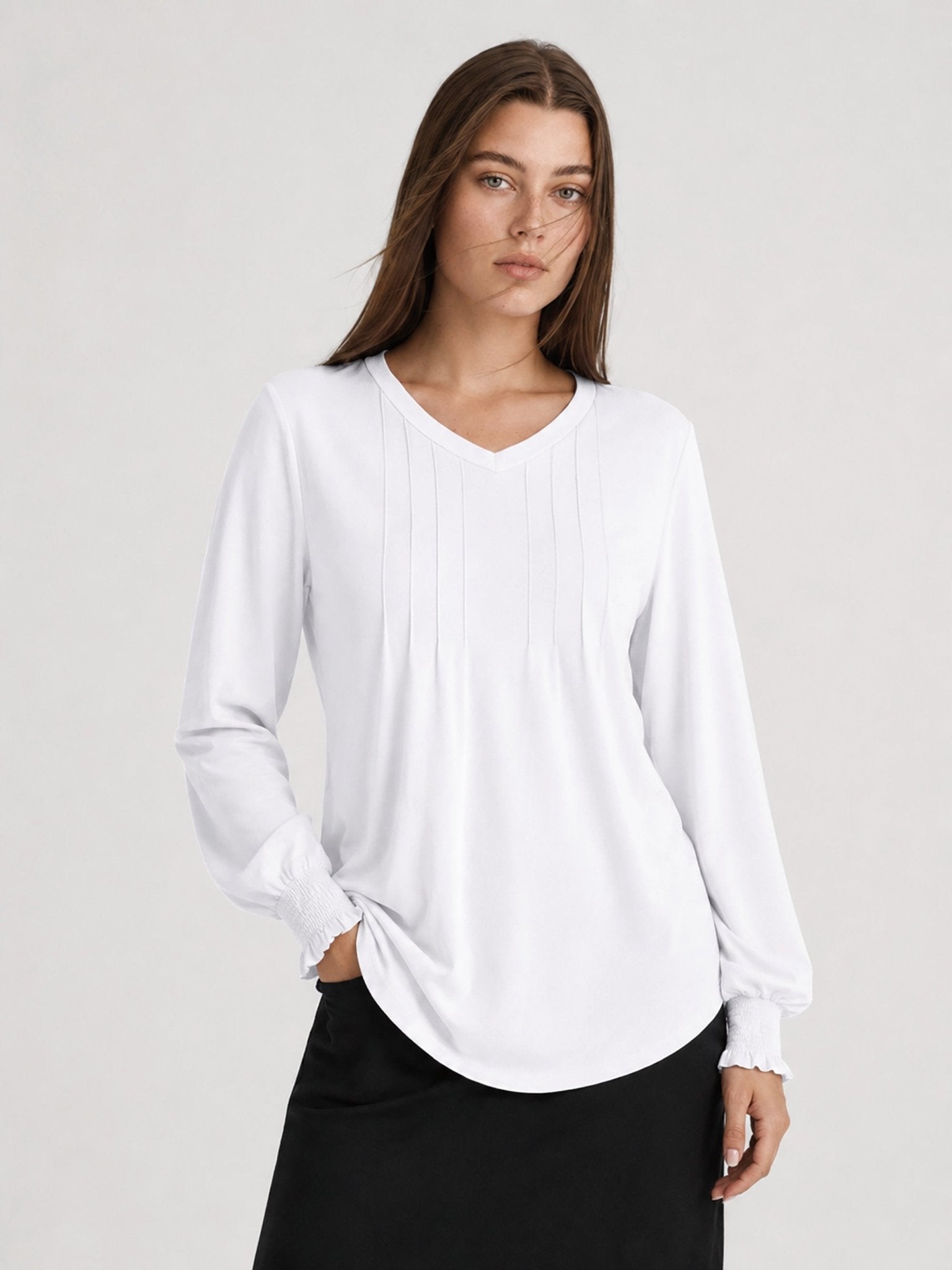 YUCOLEN Women's V Neck Pleated Tunic Blouse Ruffle Cuff Long Sleeve Shirt in White