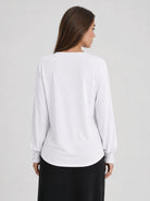 YUCOLEN Women's V Neck Pleated Tunic Blouse Ruffle Cuff Long Sleeve Shirt in White