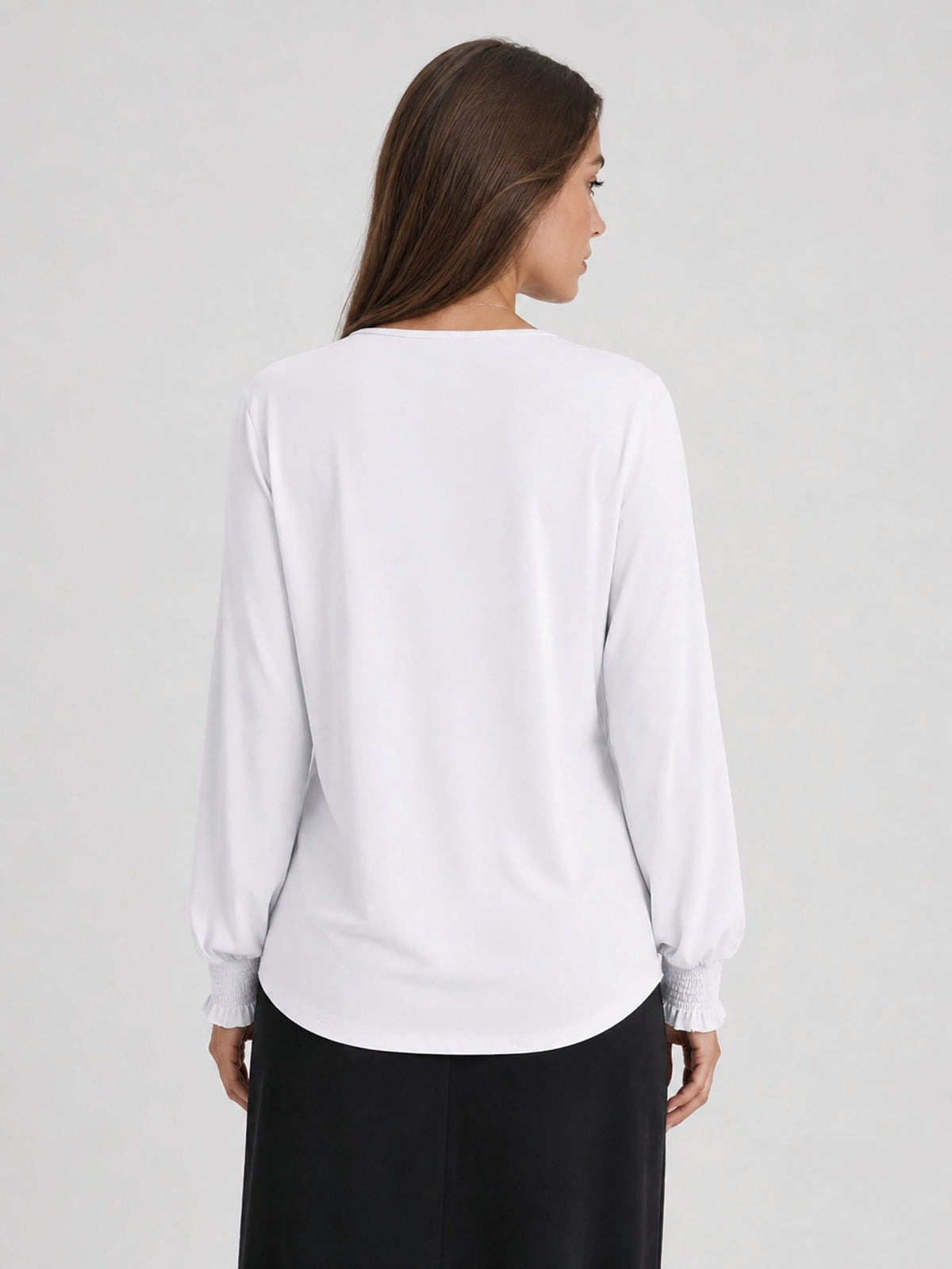 YUCOLEN Women's V Neck Pleated Tunic Blouse Ruffle Cuff Long Sleeve Shirt in White