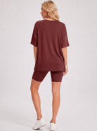 YUCOLEN Women's 2 Piece Oversized Lounge Set Matching Shorts and Tee Summer Casual Travel Athleisure Outfit in Wine Red
