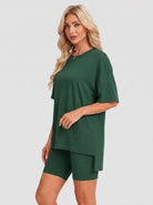 YUCOLEN Women's 2 Piece Oversized Lounge Set Matching Shorts and Tee Summer Casual Travel Athleisure Outfit in Wine Red