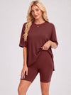 YUCOLEN Women's 2 Piece Oversized Lounge Set Matching Shorts and Tee Summer Casual Travel Athleisure Outfit in Wine Red