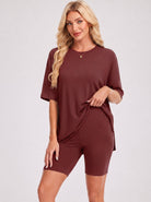 YUCOLEN Women's 2 Piece Oversized Lounge Set Matching Shorts and Tee Summer Casual Travel Athleisure Outfit in Wine Red