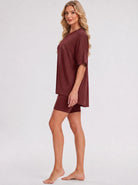 YUCOLEN Women's 2 Piece Oversized Lounge Set Matching Shorts and Tee Summer Casual Travel Athleisure Outfit in Wine Red