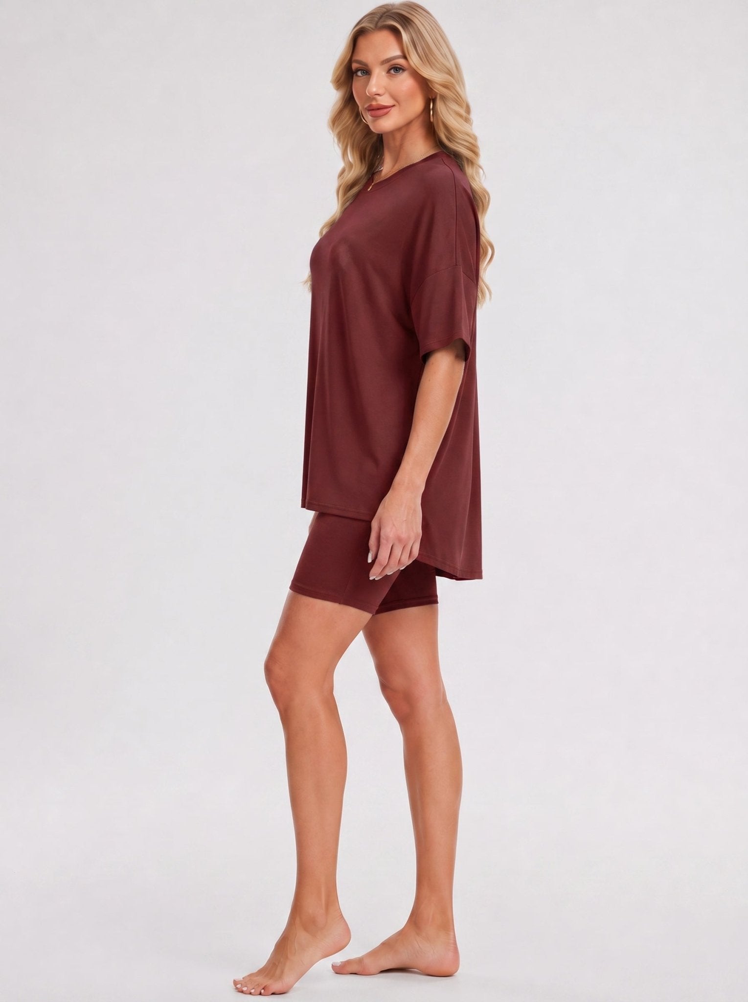 YUCOLEN Women's 2 Piece Oversized Lounge Set Matching Shorts and Tee Summer Casual Travel Athleisure Outfit in Wine Red