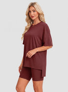 YUCOLEN Women's 2 Piece Oversized Lounge Set Matching Shorts and Tee Summer Casual Travel Athleisure Outfit in Wine Red