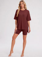 YUCOLEN Women's 2 Piece Oversized Lounge Set Matching Shorts and Tee Summer Casual Travel Athleisure Outfit in Wine Red