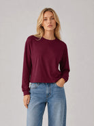YUCOLEN Women's Breathable Cotton Blend Long Sleeve Crewneck Cropped Top in Wine Red