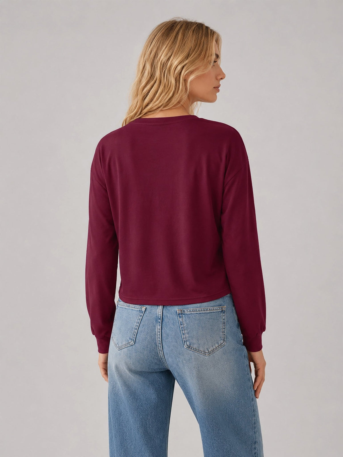 YUCOLEN Women's Breathable Cotton Blend Long Sleeve Crewneck Cropped Top in Wine Red