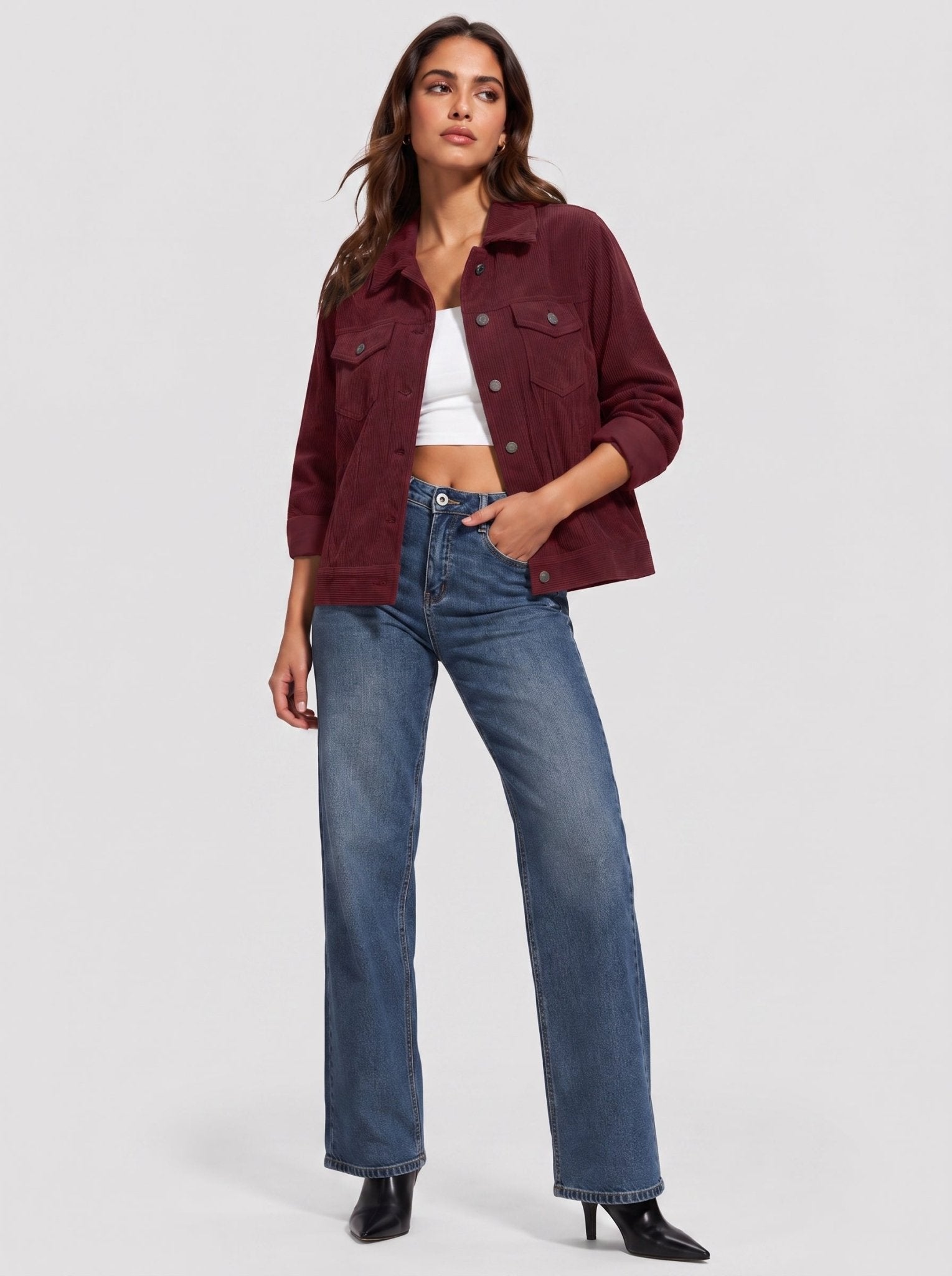 YUCOLEN Women's Lightweight Cropped Corduroy Shacket with 4 Pockets Button Down Casual Jacket in Wine Red
