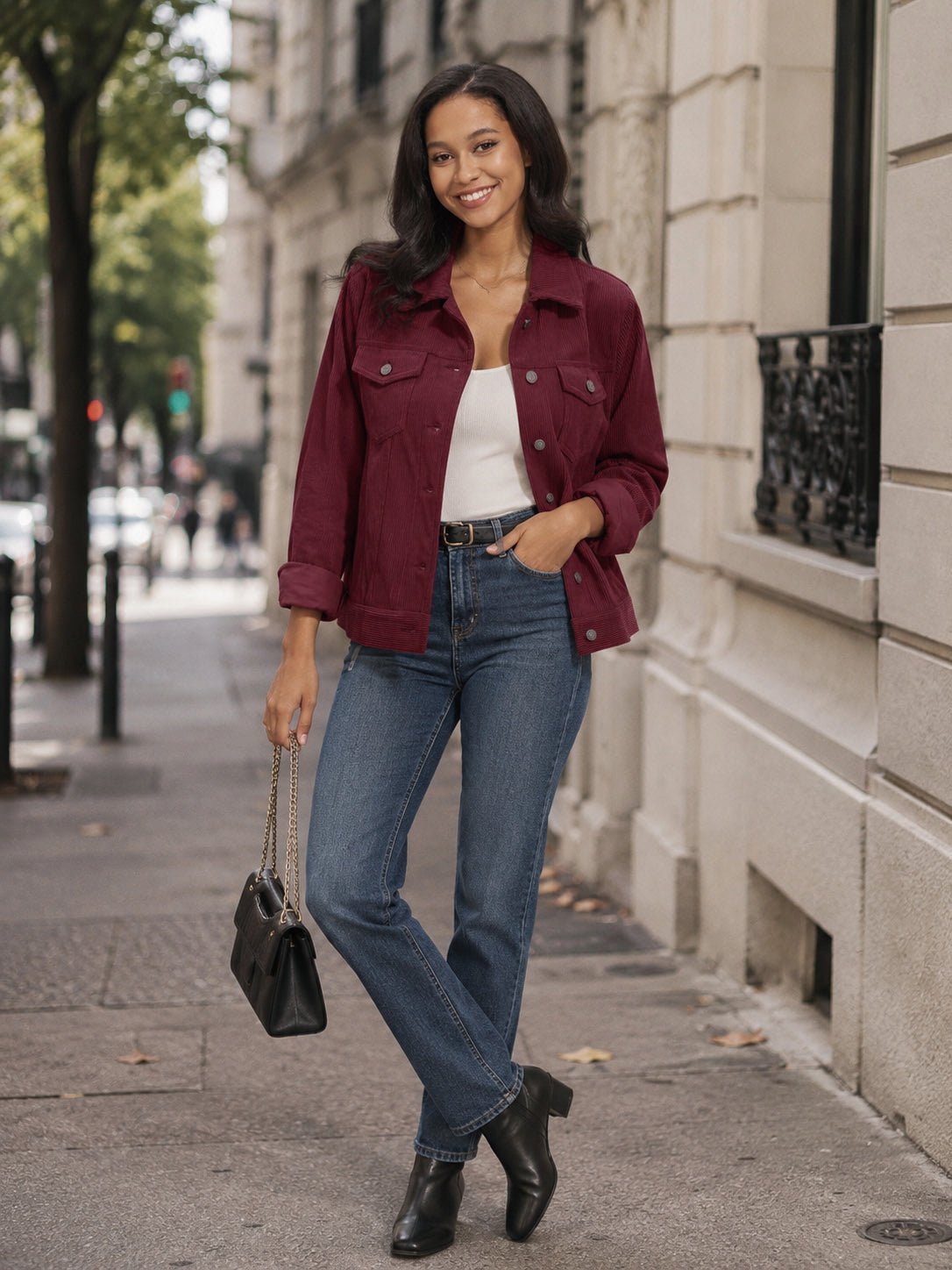 YUCOLEN Women's Lightweight Cropped Corduroy Shacket with 4 Pockets Button Down Casual Jacket in Wine Red