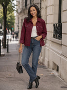 YUCOLEN Women's Lightweight Cropped Corduroy Shacket with 4 Pockets Button Down Casual Jacket in Wine Red