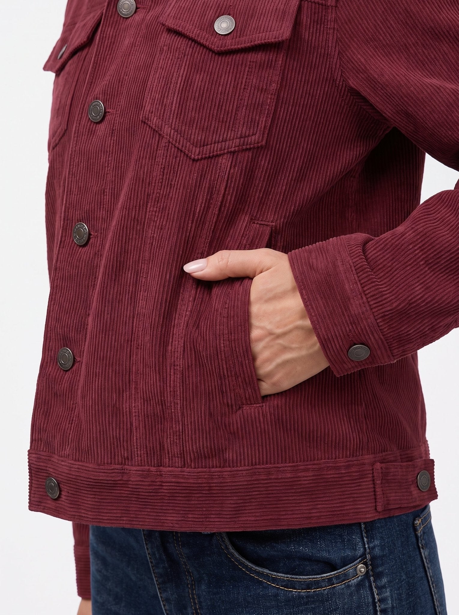 YUCOLEN Women's Lightweight Cropped Corduroy Shacket with 4 Pockets Button Down Casual Jacket in Wine Red