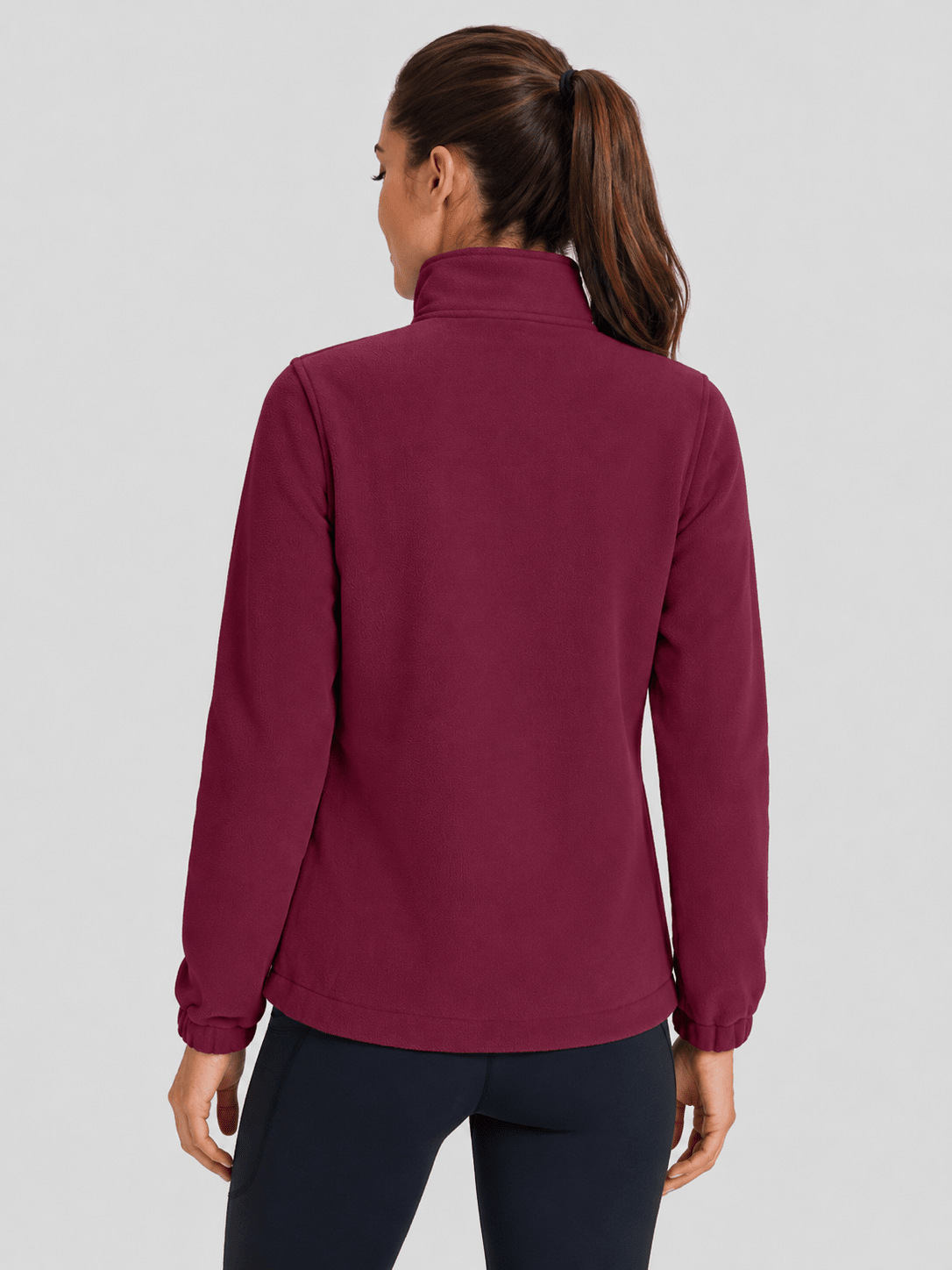 YUCOLEN Women's Lightweight Full Zip Fleece Jacket Windproof Stand Collar Outdoor Sweatshirt in Wine Red